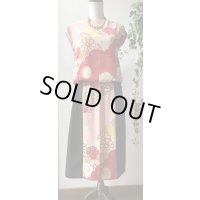 タンクトップ＆スカート9号（着物リメイク、和柄、オンリーワン、オリジナル、セットアップ、オレンジ色、黄緑色、着物セットアップ、着物スカート、着物タンクトップ）