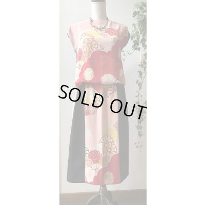 画像1: タンクトップ＆スカート9号（着物リメイク、和柄、オンリーワン、オリジナル、セットアップ、オレンジ色、黄緑色、着物セットアップ、着物スカート、着物タンクトップ）