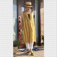ジャンパースカート（オリジナル、１点もの、着物リメイク、着物柄、縦縞、ストライプ、黄色いジャンパースカート）