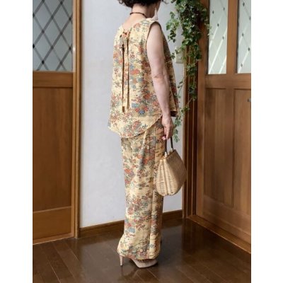 画像3: セットアップパンツスーツ（9〜11号）着物リメイク、着物リメイクセットアップ、オリジナル、和柄、ベージュ、1点もの、絹、パンツセットアップ