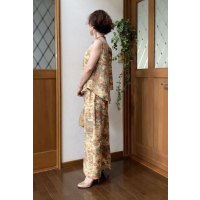 画像5: セットアップパンツスーツ（9〜11号）着物リメイク、着物リメイクセットアップ、オリジナル、和柄、ベージュ、1点もの、絹、パンツセットアップ
