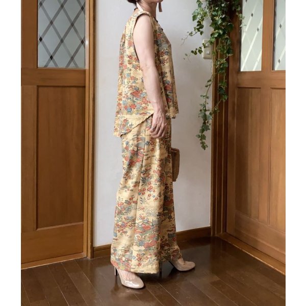 楽天市場】kimono 着物リメイク ワイドパンツ 花づくし 青 M