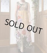 画像: ハイウエスト切り替えワンピース 9号（からし色、振袖リメイク、オリジナル、和柄、1点もの、着物リメイク、フォーマルワンピース、ノースリーブ、モダン、パーティー、華やか）